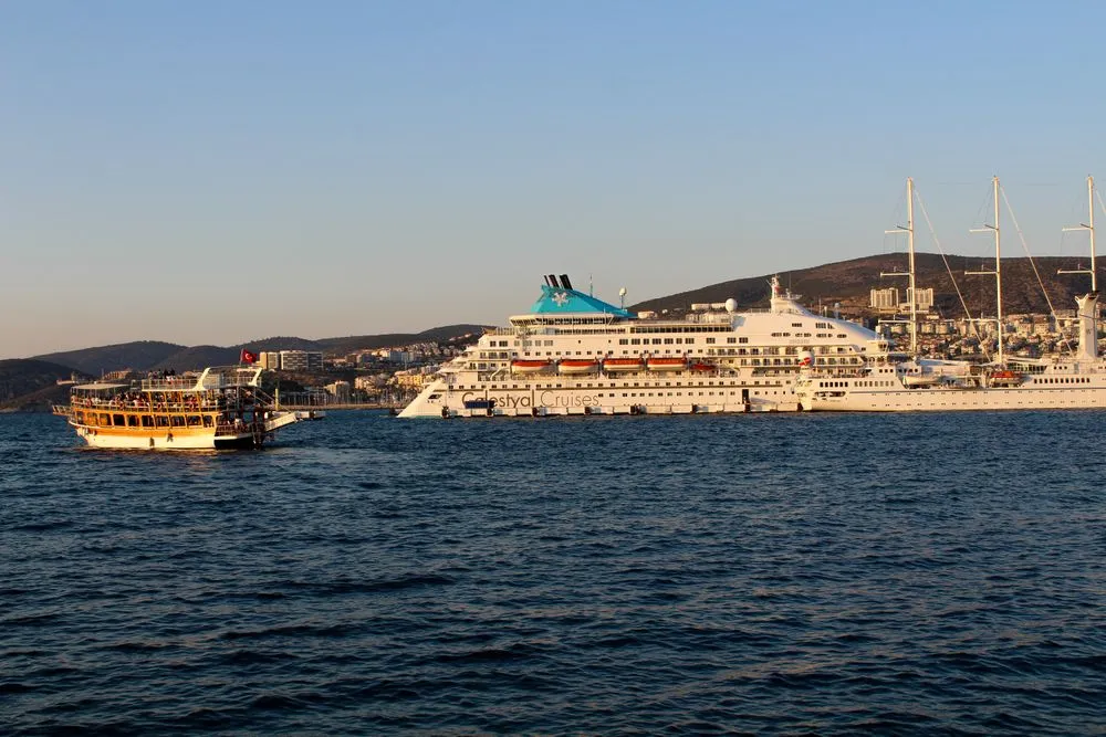Cruise ships moored in a harbour at dusk