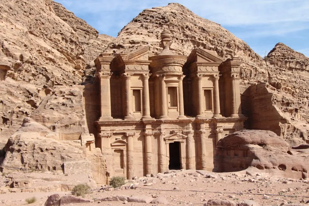 The Monastery carved into rose-red rock at Petra, Jordan