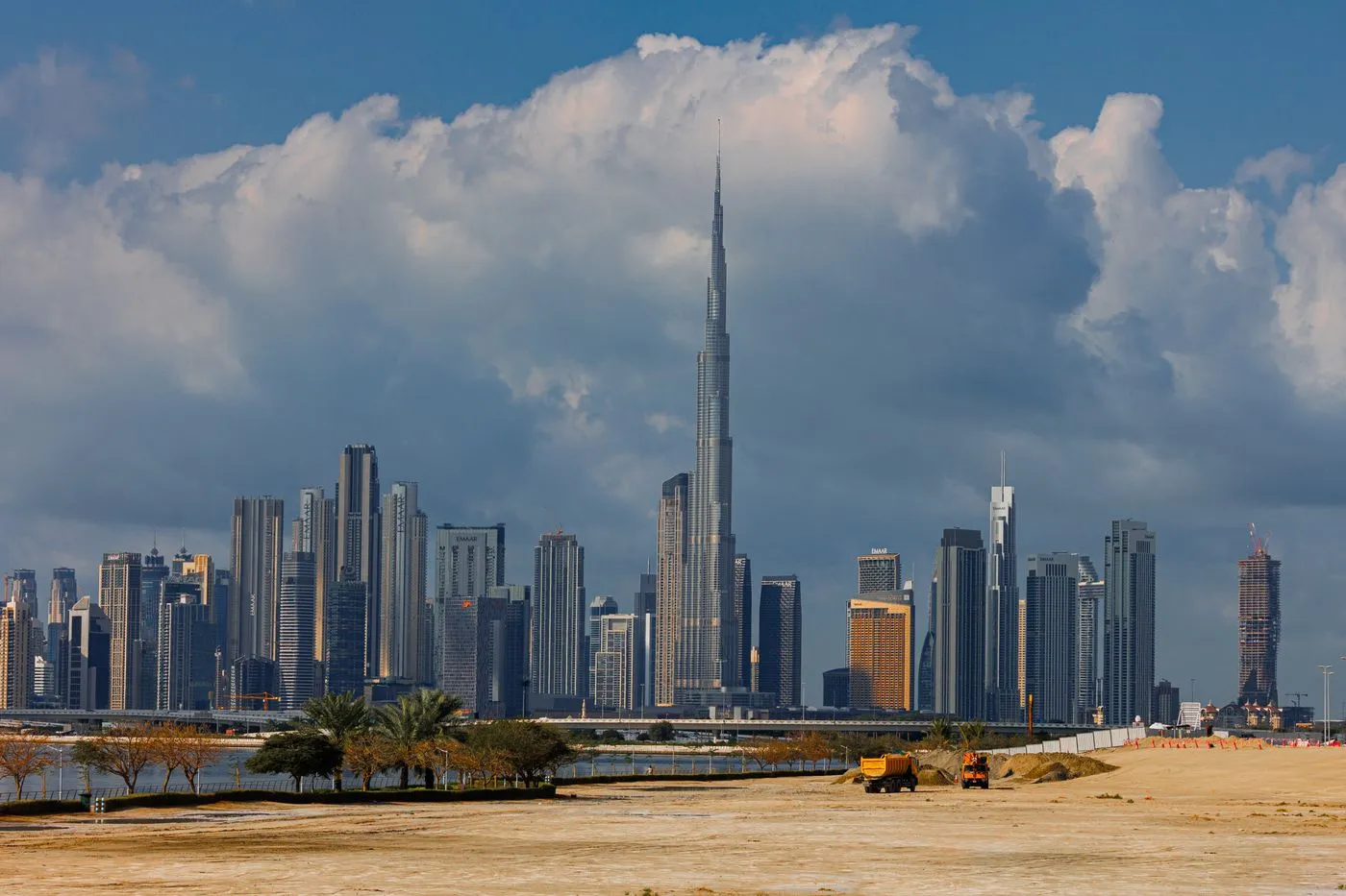 Dubai skyline with the Burj Khalifa under a bright sky