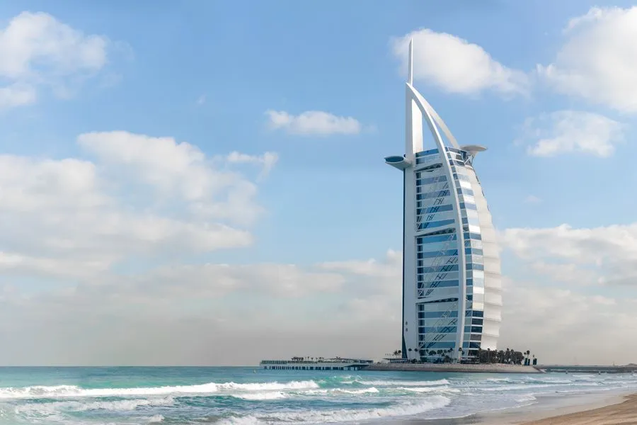 The sail-shaped Burj Al Arab hotel rising from the sea