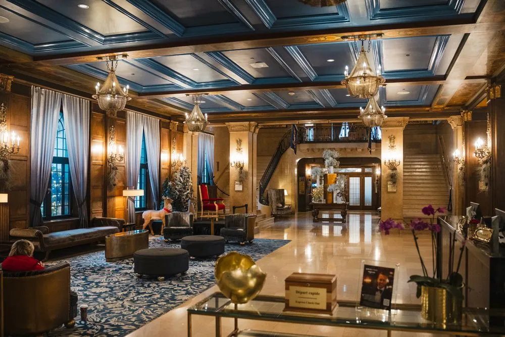 Grand hotel lobby with a chandelier